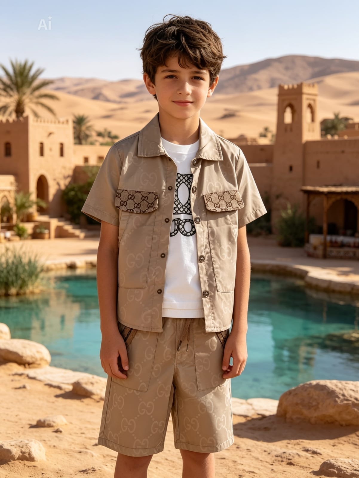 طقم أولاد أنيق بنقشة GG - قميص وشورت - Image 2